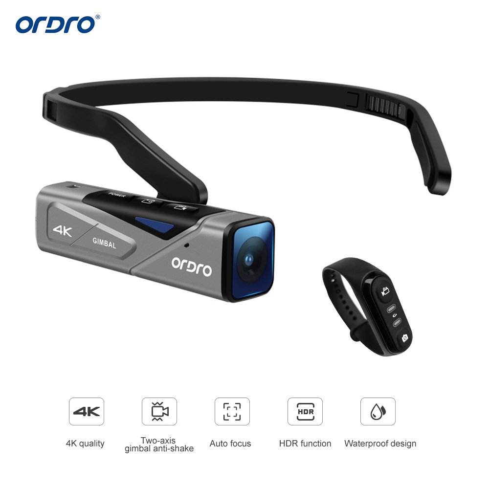 ORDRO EP7 Head Wearable 4K 60fps Video Camera First Person View Hands-Free Camcorder APP Control Autofocus Built-in 2-Axis Gimbal Anti-shake with Remote Control