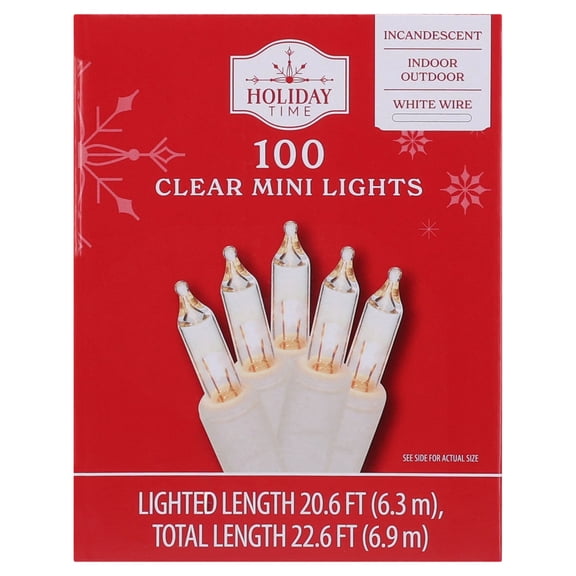 Indoor/Outdoor 100-Count Incandescent Mini Christmas String Lights, Clear, White Wire, 20.6', by Holiday Time
