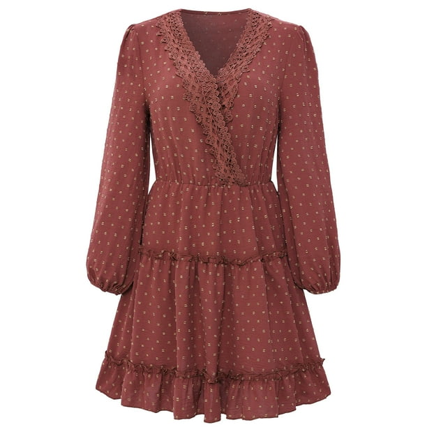 Vestido de mujer, manga larga, escote en V, minivestido, cintura alta, vestido informal, regalo para mujer