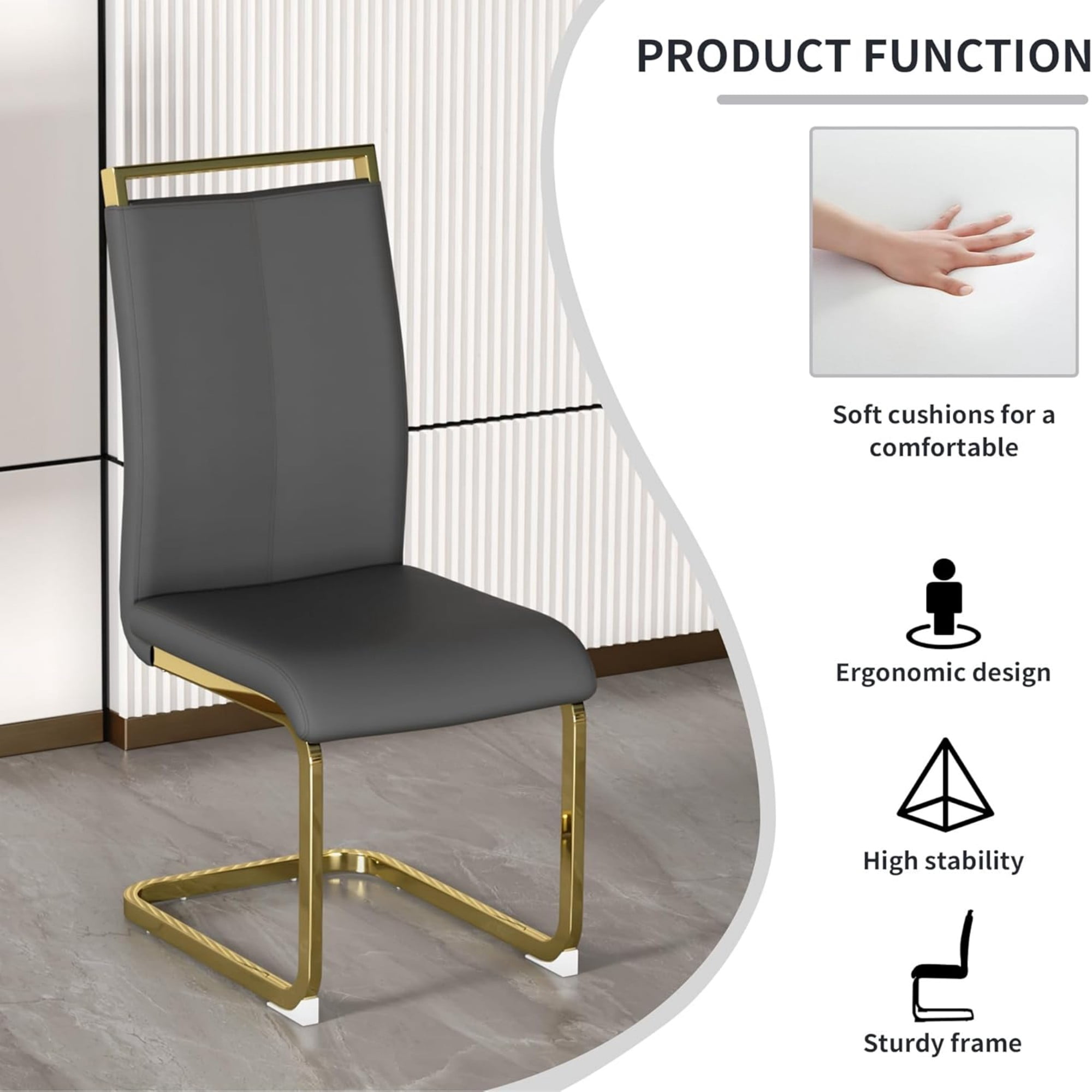SUDICA Set of 4 Gray Faux Leather Dining Chairs, High Back Design with Gold Metal Legs for Dining Room