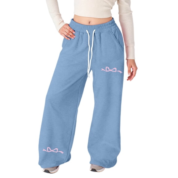 FINALGANG Girls Kids Bow Print High Waisted Wide Leg Sweatpants Drawstring Waist Baggy Casual Pants With Pockets For Daily Wear Light Blue 4-5 Years