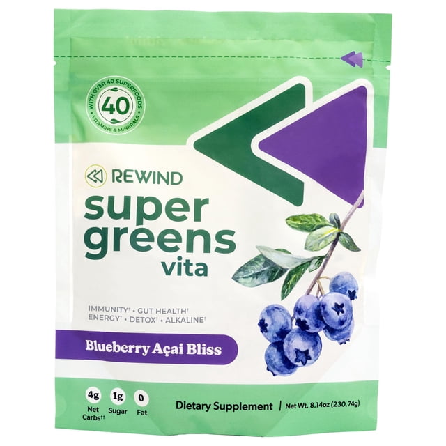 Super Greens Powder Rewind Greens Blueberry Acai Bliss, más de 40 superalimentos
