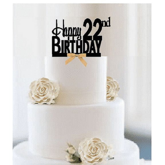Item#022CTGR - Happy 22nd Birthday Elegant Cake Decoration Topper with Gold Bow