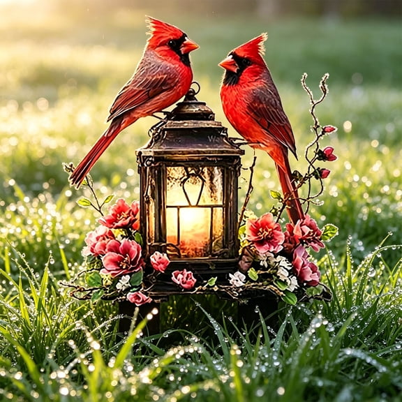 Acrylic Garden Stake Red Bird Lantern Ornament Outdoor Yard Decor, Waterproof Flat Memorial Marker for Flower Bed Lawn Patio Pathway, Festive Acrylic Sculpture for Holiday Garden Decoration