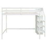 Euroco Modern Wood Full Size Loft Bed with Storage Wardrobe and Shelves for Kids Teens, White