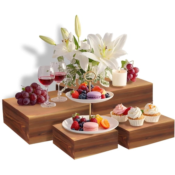 4 Pcs Buffet Risers, Wood Food Riser Dessert Display Stand for Party Wood Cupcake Stands Nesting Box for Display (Burnt)