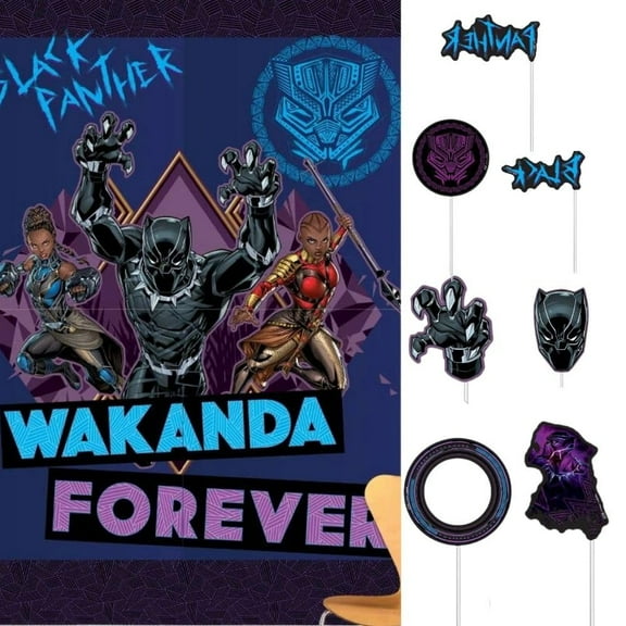 Multicolor Black Panther Wakanda Forever Scene Setter With Props - Includes: Backdrop (6' 8" x 4' 7"),12 Photo Props (Pack Of 16) - Vivid Design, Perfect for Parties, Movie Nights, & More
