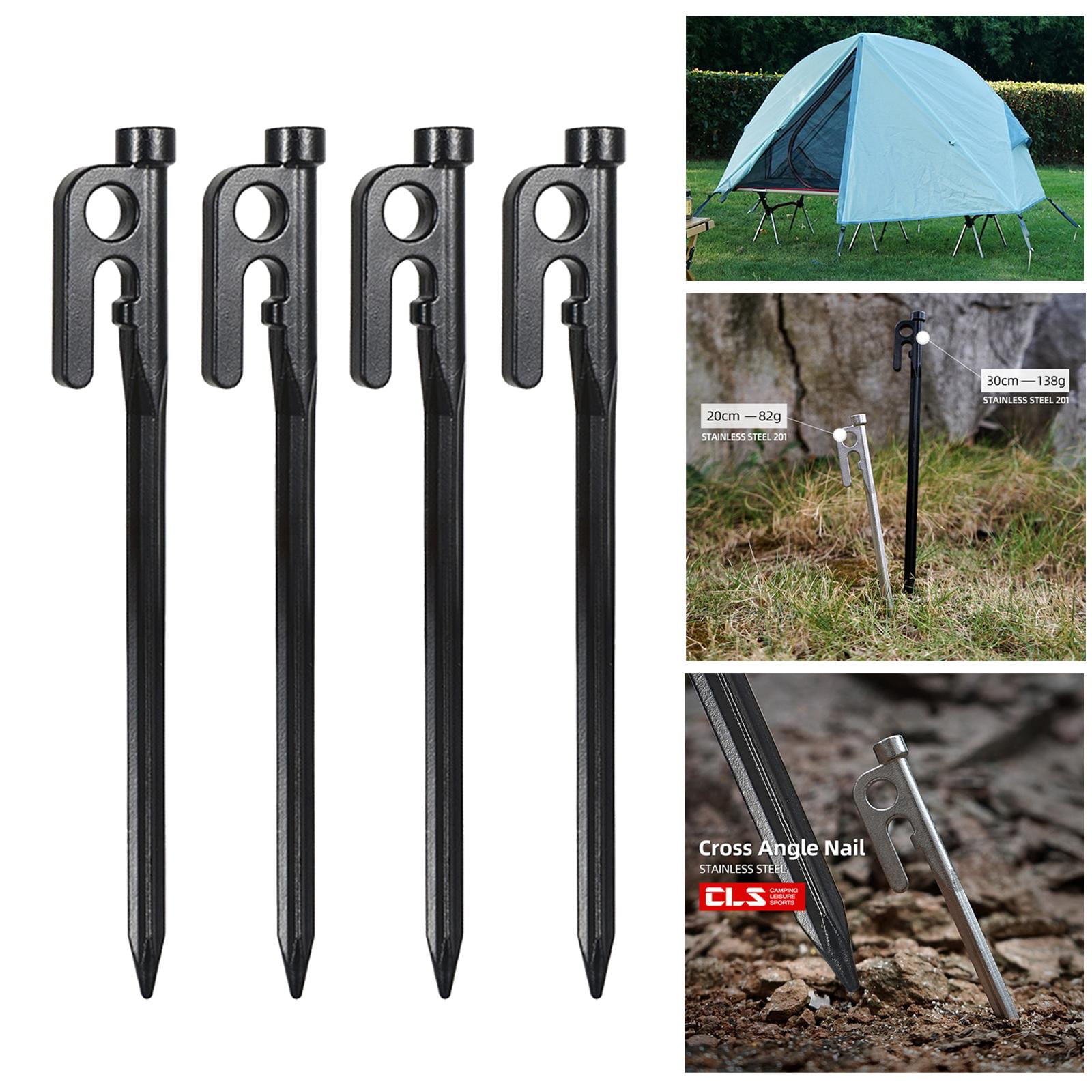 Stainless Steel Tent Stakes 4 Pack -Heavy Duty Beach Tent Pegs Canopy Stakes - Essential Gear for Camping, Backpacking, Gardening - 20cm black