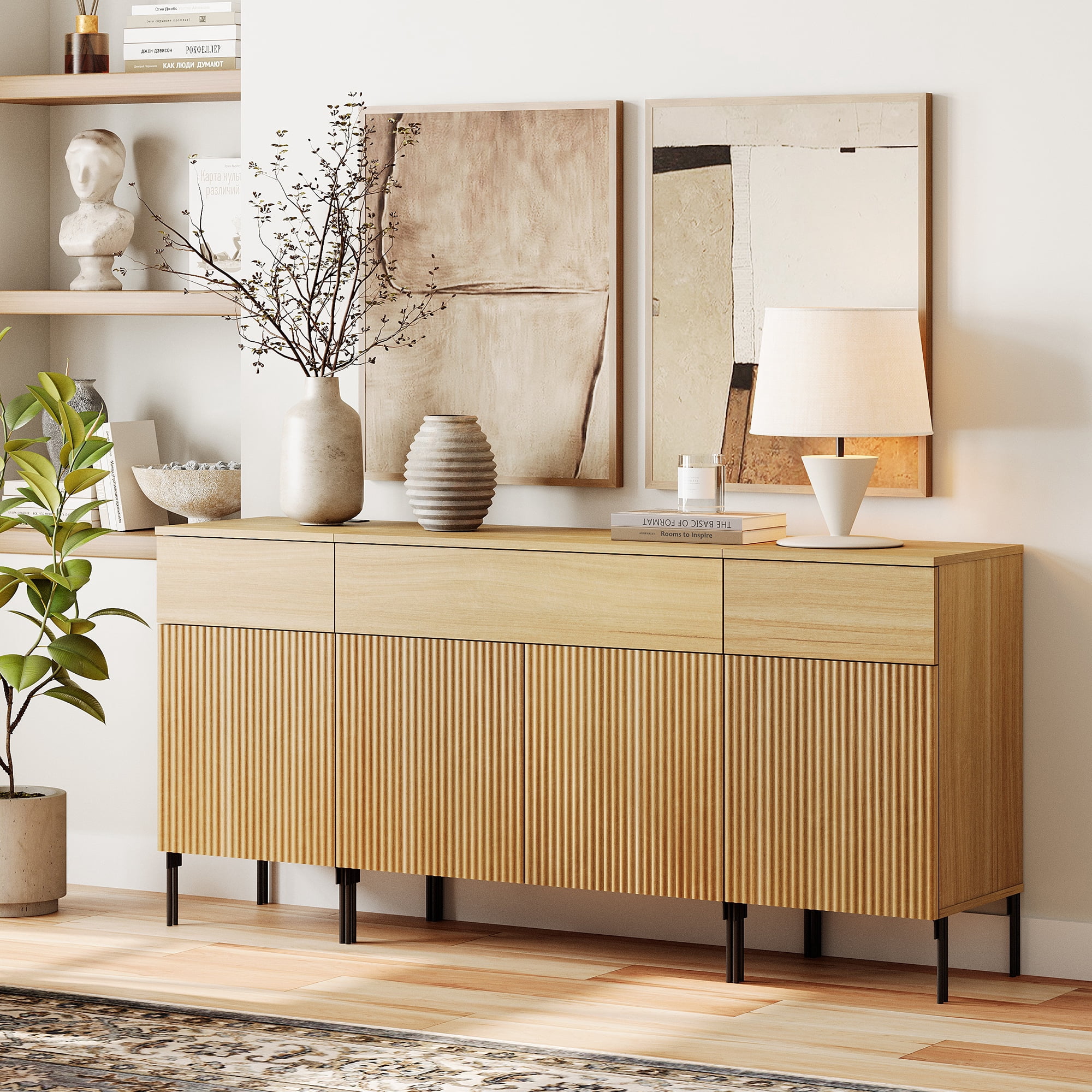 63" Reeded Accent Cabinet Set with Charging Station, Modern Credenza Storage Cabinet with Doors and Drawers for Living Room, Kitchen, Dining Room, Hallway