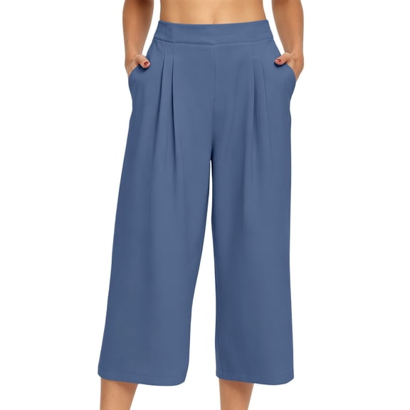 Karight Womens High Waist Pleated Wide Leg Cropped Culottes Casual Loose Capri Pants with Pockets