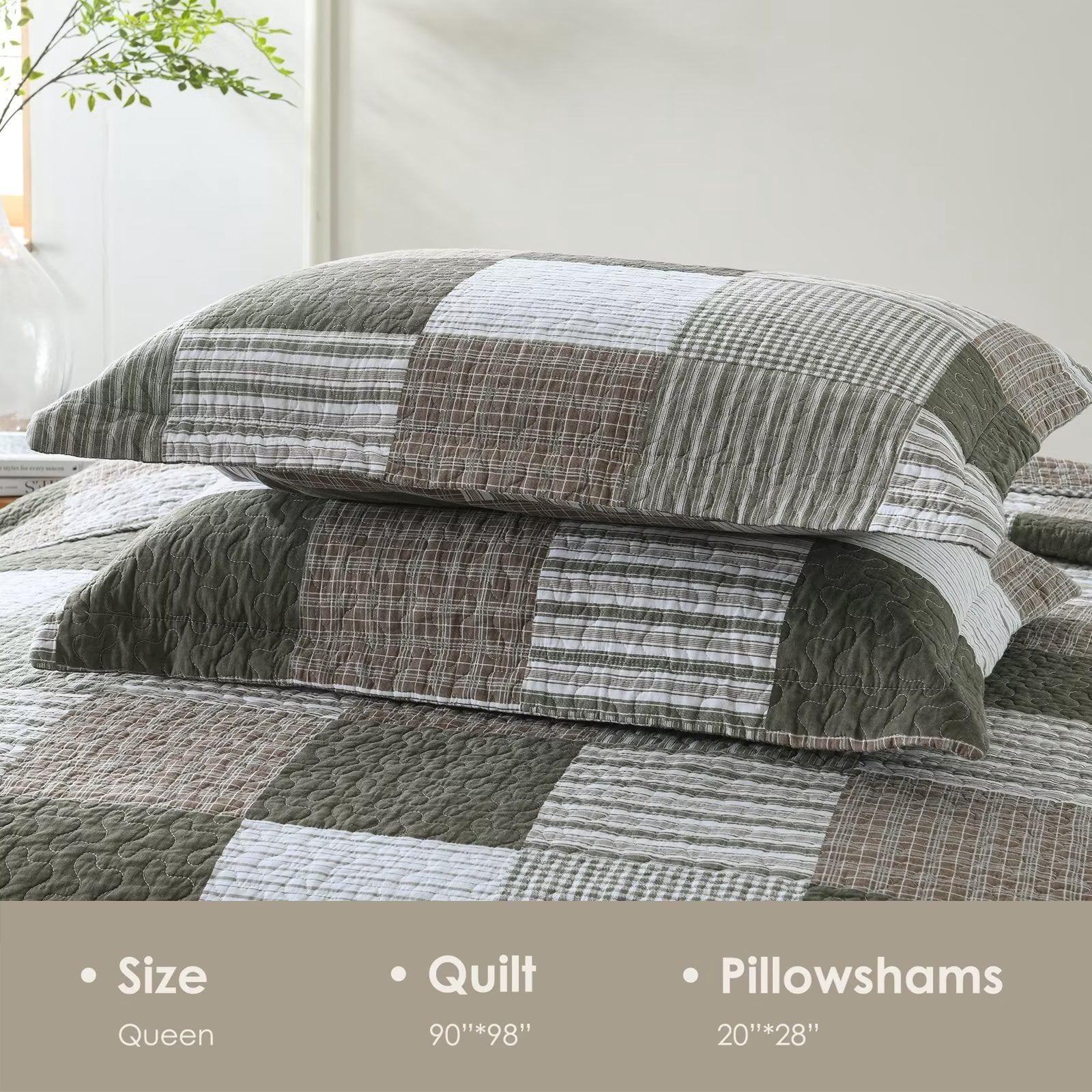 Bedduvit Queen Size Quilt Set - 100% Cotton Green/Moonbeam Patchwork Plaid Queen Size Quilt Bedspread, Farmhouse Lightweight Winter Fall Comforter Set/Bedding Set for All Season, 3-Piece (98"x90")