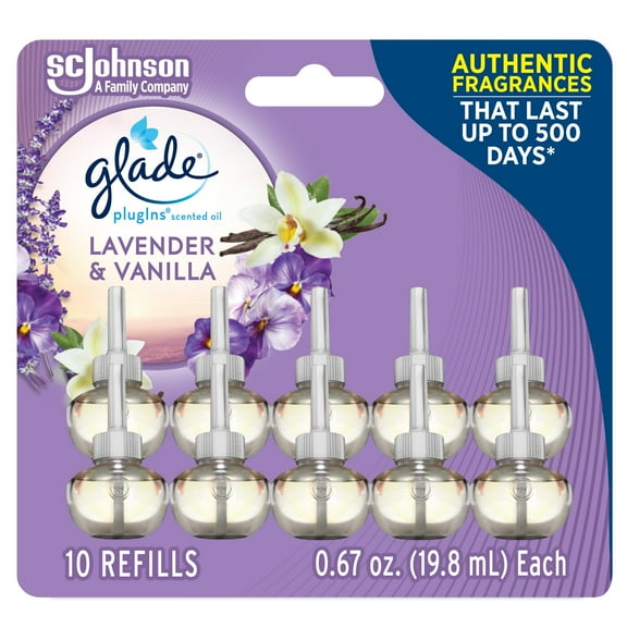 Glade Plugins Refills Air Freshener, Scented And Essential Oils For Home And Bathroom, Lavender & Vanilla, 6.7 Fl Oz, 10 Count (Packaging May Vary)