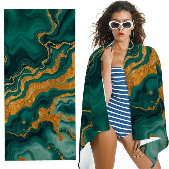 RKSupls Emerald Green Gold Marble Microfiber Beach Towel, Extra Large Quick Dry Lightweight Absorbent Towel for Travel Swimming Camping, Soft Super Absorbent- 30x60 in