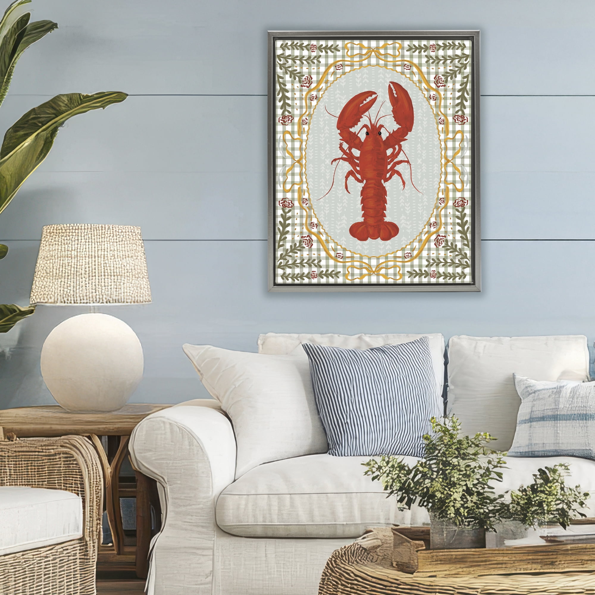 Stupell Industries Lobster with Gingham Kitchen Charm Gray Framed Floater Canvas Wall Art, design by Vero Illustrates