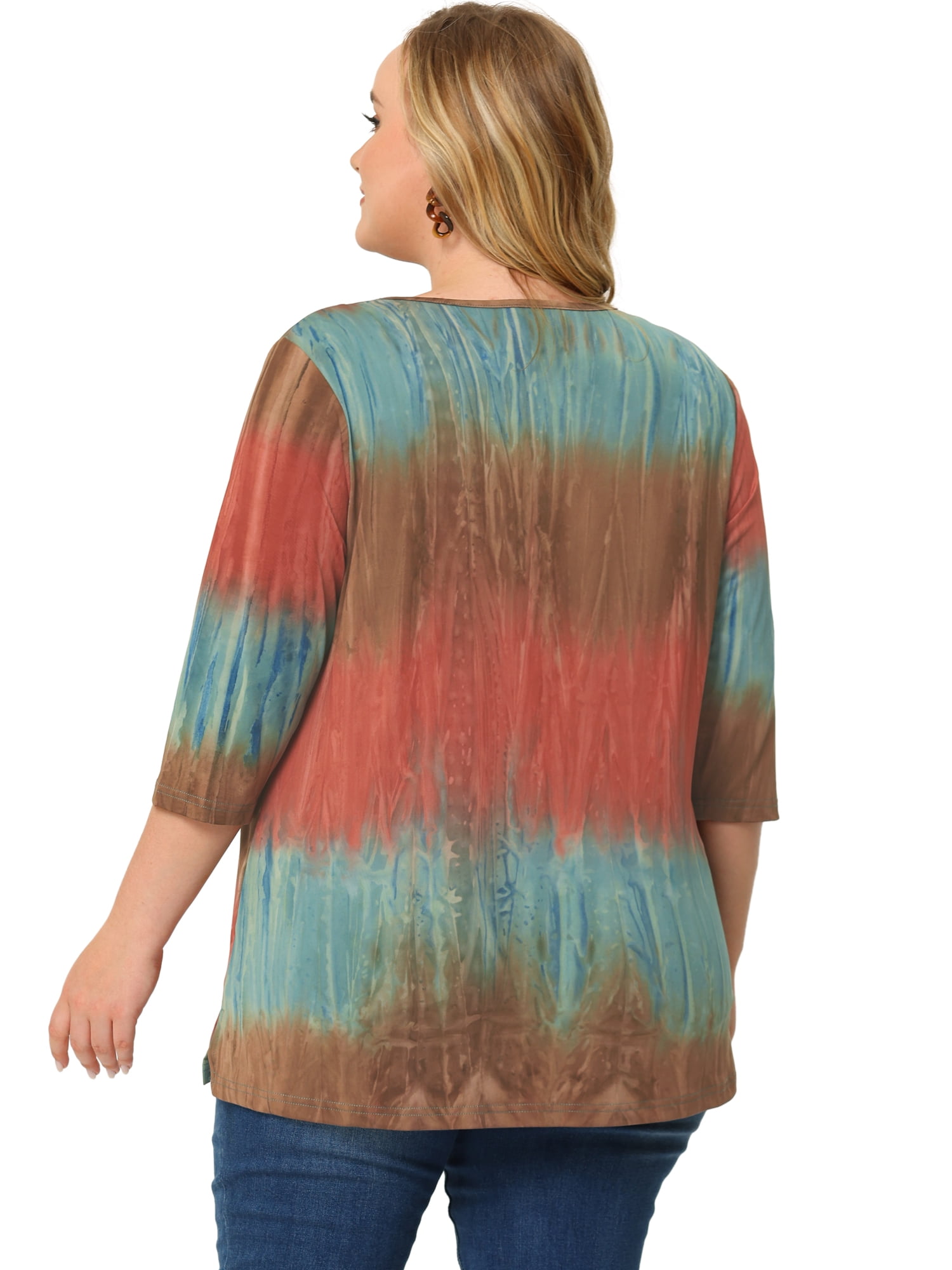 DARING DIVA Women's Plus Size V Neck 3/4 Sleeve Striped Tie Dye Blouse L Multicolor