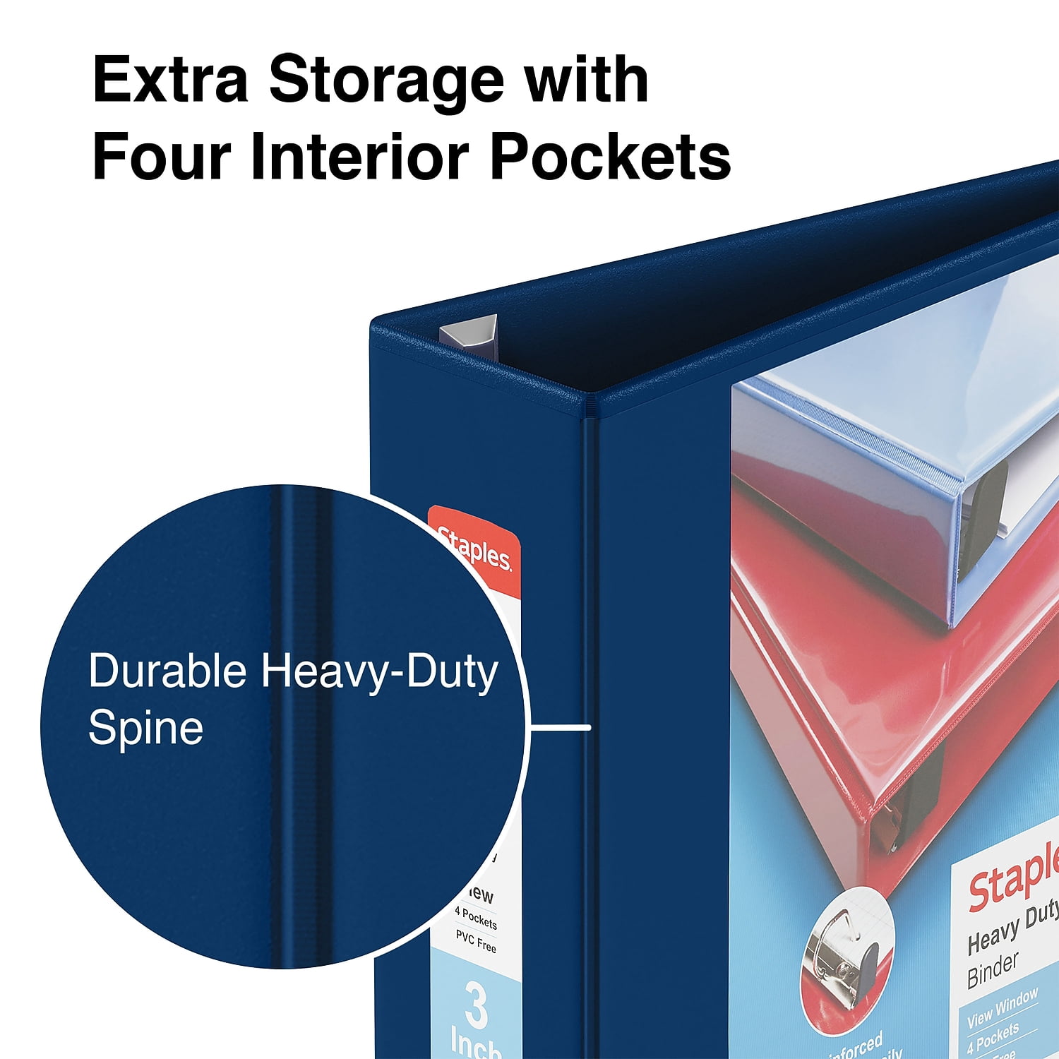 Staples Heavy Duty 3" 3-Ring View Binder with D-Rings and Four Interior Pockets Navy Blue  2/Pack