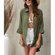 thumbnail image 5 of Camisa con botones para mujer, cuello vuelto, manga tres cuartos, dobladillo Irregular, Color puro, blusa holgada para mujer OD verde M, 5 of 8