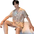 thumbnail image 5 of Ropa de dormir de seda de hielo color champán, conjunto de ropa para el hogar de modelo fino de manga corta para hombre, cárdigan de seda sintética, pantalones cortos, estilo juvenil, 5 of 5