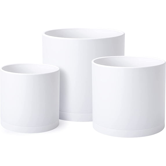 10 Inch 12 Inch 14 Inch, Set of 3 Plastic Planter Pots for Plants with Drainage Hole and Seamless Saucers, White Color, XX-Large
