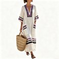 thumbnail image 4 of KHONTS Women's 3/4 Sleeve V-Neck Strip Oversize Linen Maxi Dress Plus Size Loose Long Dresses 05-Purple XL, 4 of 6