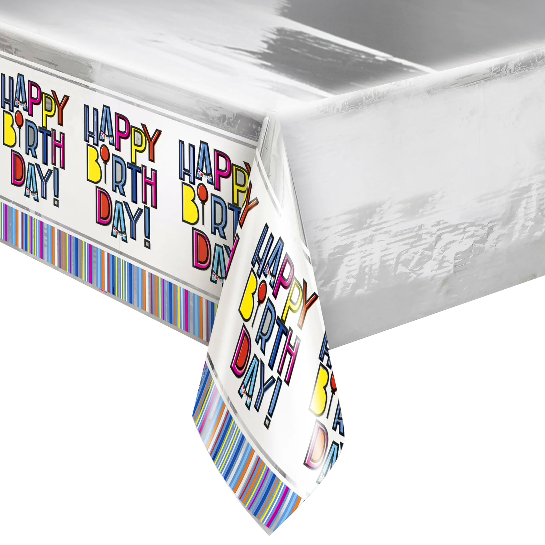 Way to Celebrate! Bright Stripes Birthday Foil Party Tablecloth, 84 x 54in