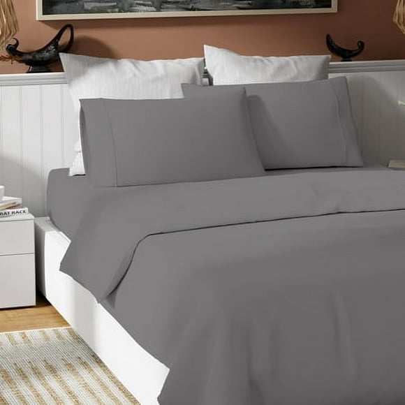 Color Sense 100% Cotton Percale Cool & Crisp 4-Piece Sheet Set Full Dark Gray