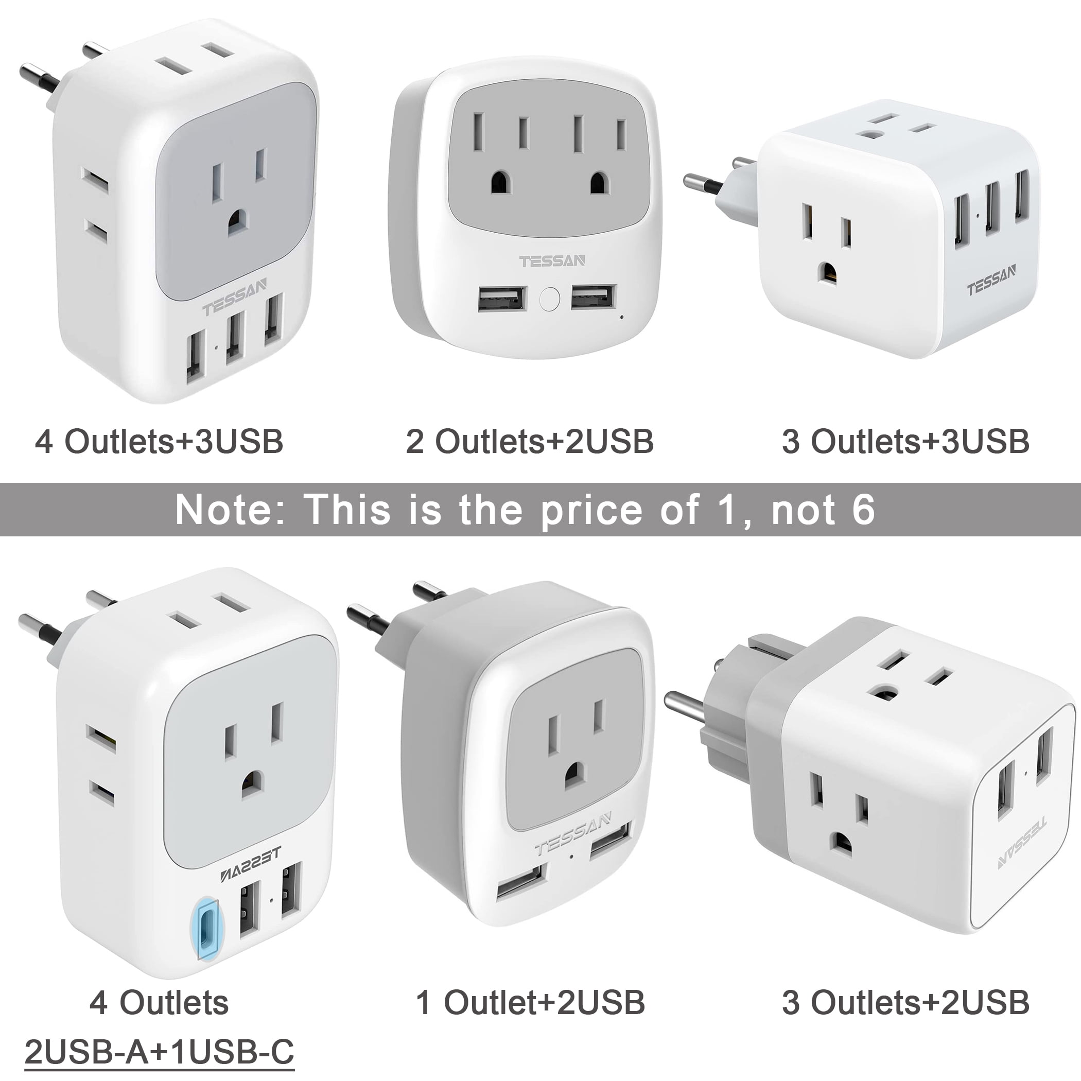 Type C Most of European Travel Plug Outlet Adapter Charger With 2 USB Ports 