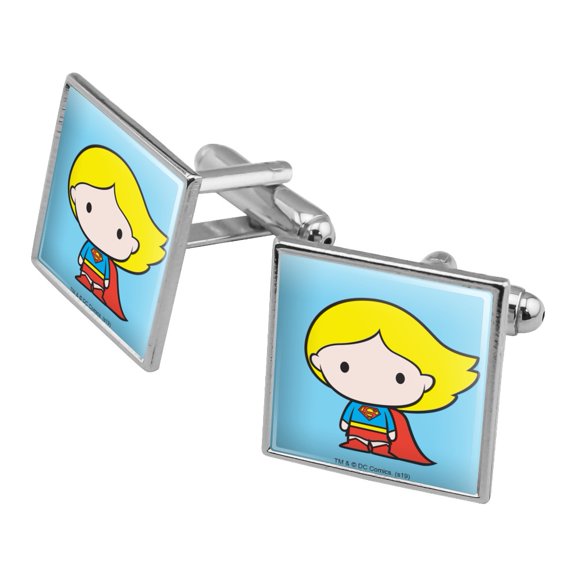Superman Supergirl Cute Chibi Character Square Cufflink Set - Silver or Gold
