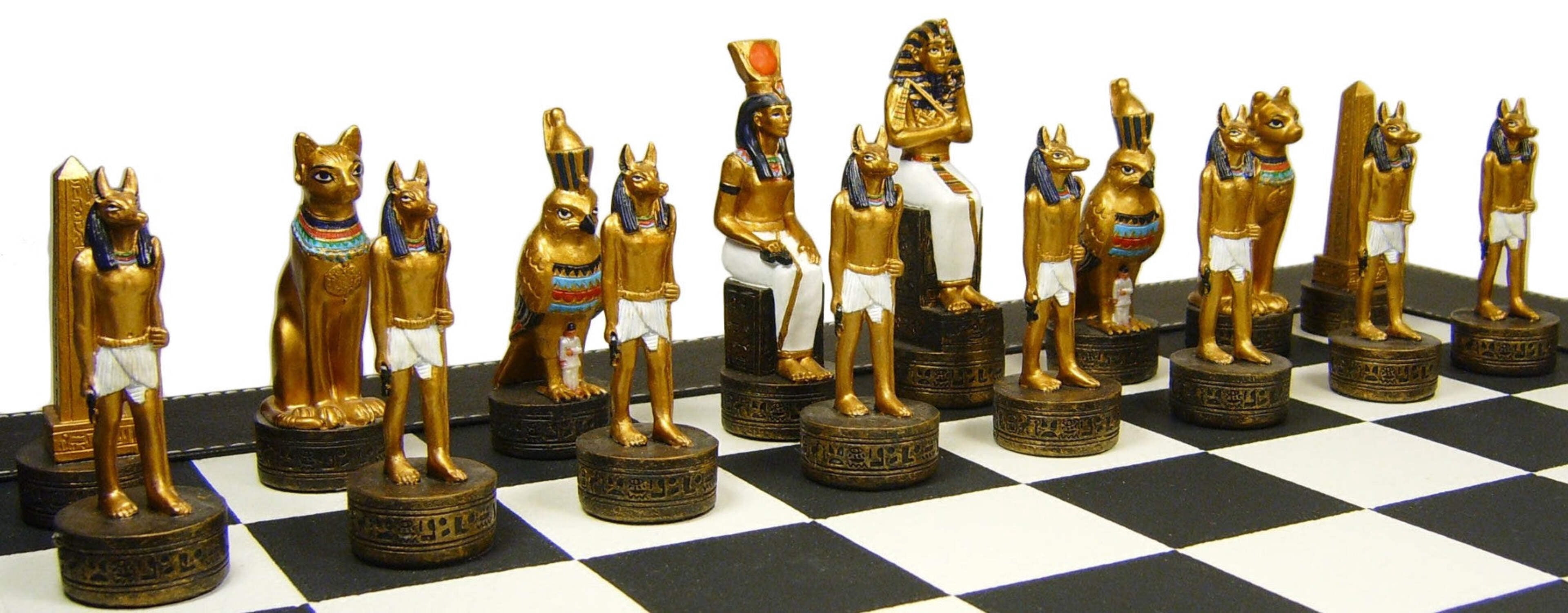 Egyptian Anubis Gold  Buff Chess Set with 18" Black  White Faux Leather Board
