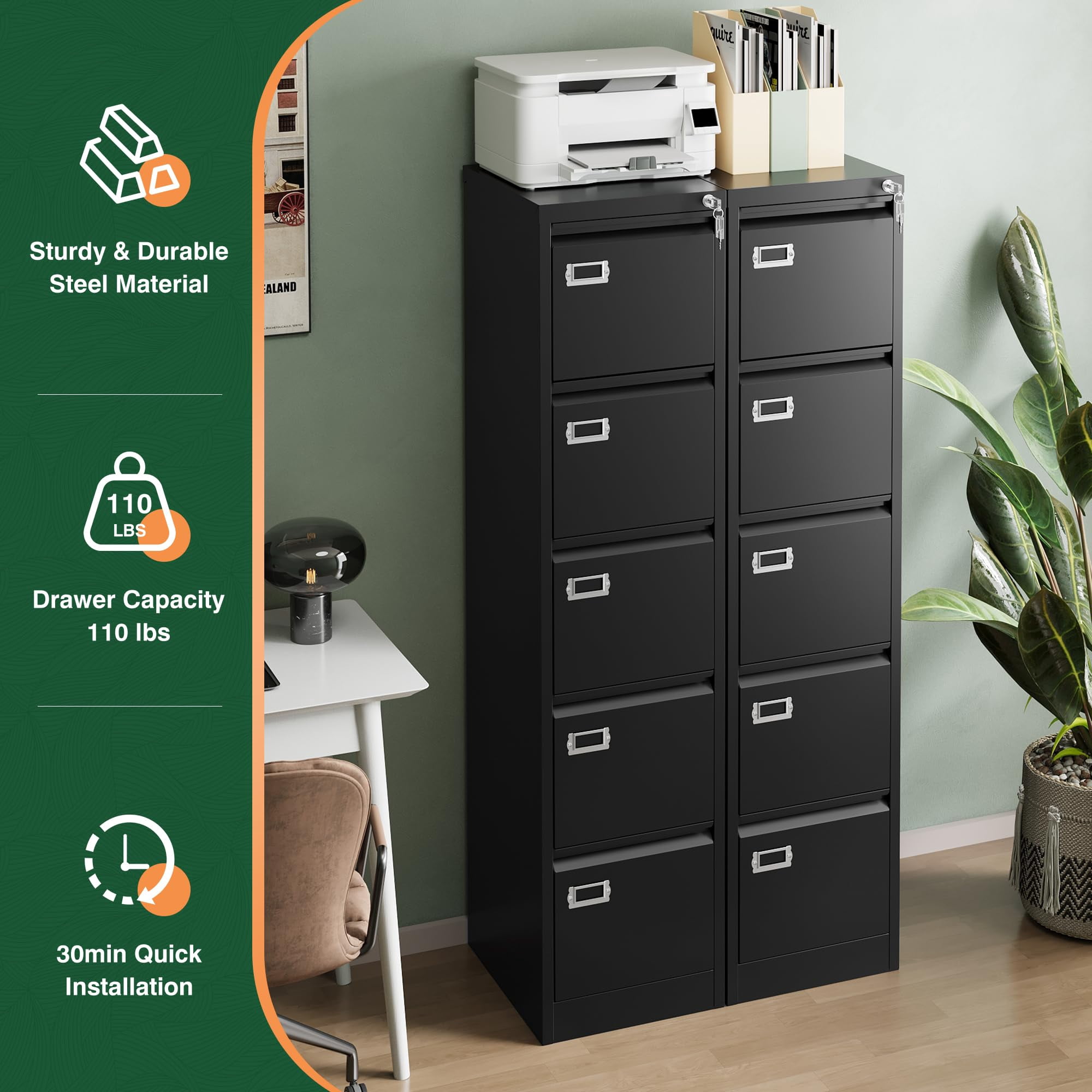 Fesbos 5 Drawer File Cabinet with Lock, Filing Cabinets for Home Office,18" Deep Vertical Metal Black Office File Storage Cabinet Organizer for Letter/Legal / A4