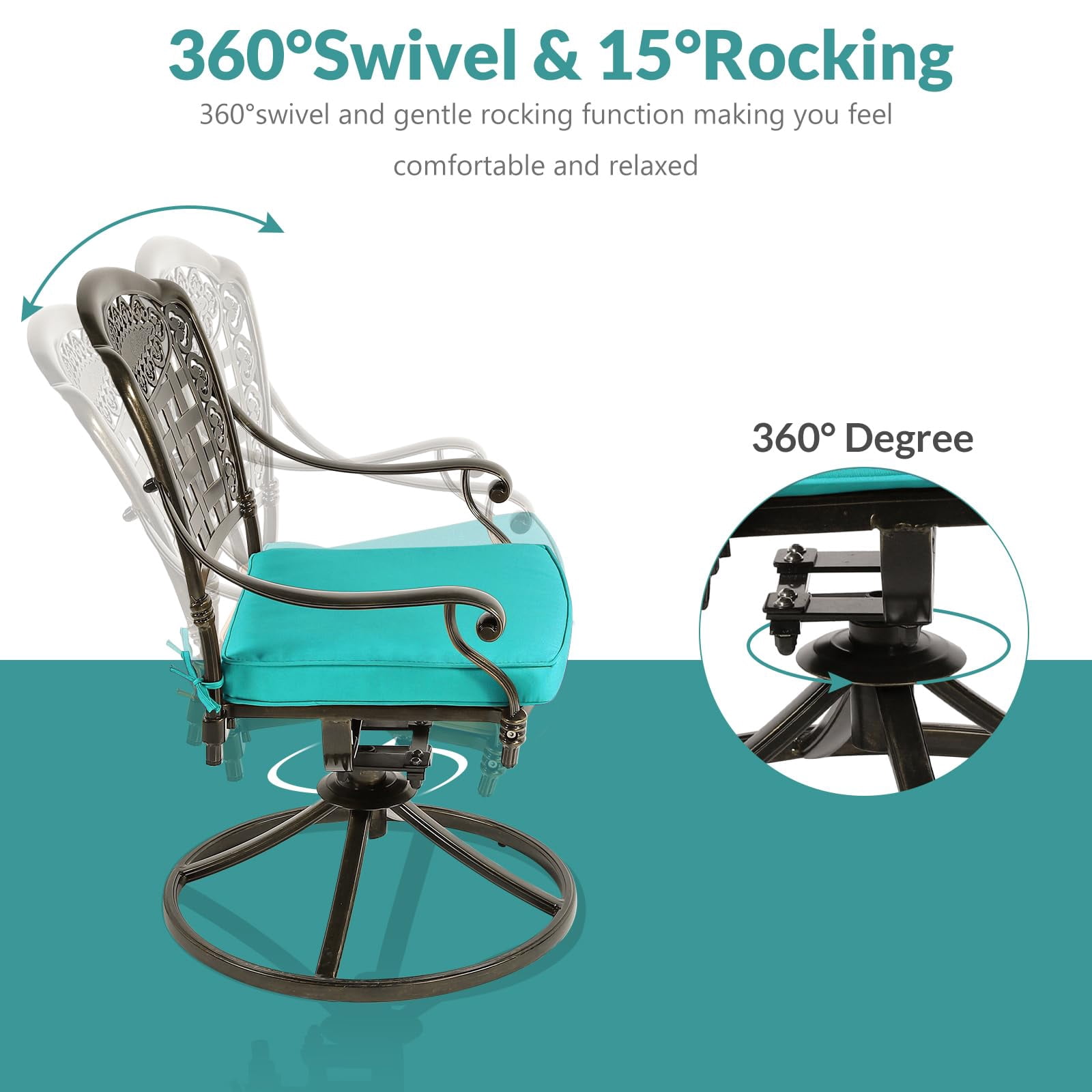 MEETWARM 2 Piece Patio Dinning Swivel Chairs Rocker, Outdoor All-Weather Cast Aluminum Chairs with Cushions, Patio Bistro Dining Chair Set for Garden Deck Backyard, Ocean Blue