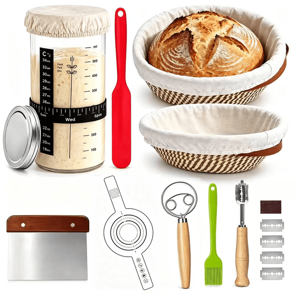 QIYFDDF Sourdough Starter Kit, 9" Round & 10" Oval Banneton Baskets, Complete Sourdough Baking Tools with Glass Starter Jar,  Perfect Gifts for Beginners & Home Bakers