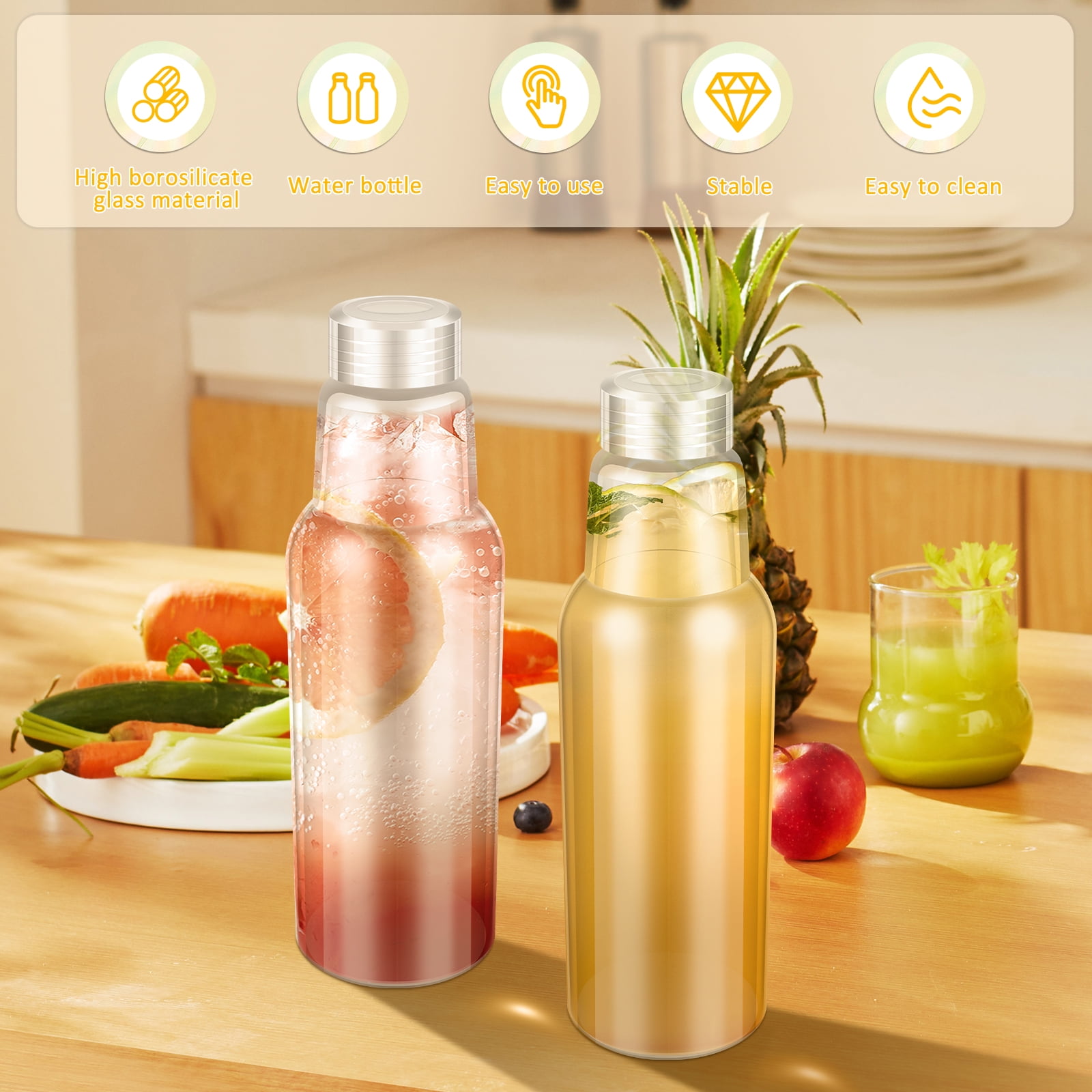 Clear Glass Bottles with Lids 34oz, Reusable Glass Water Bottles with Stainless Steel Cap for Juicing,Refrigerator,100% Leak Proof, BPA Free Eco Friendly,Set of 2