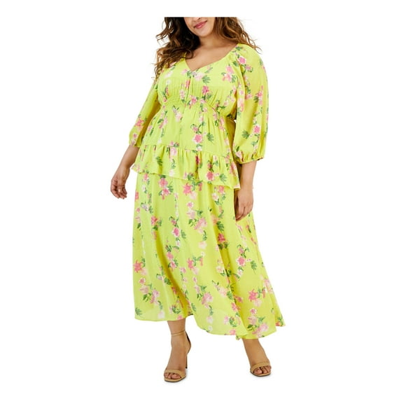 TAYLOR Womens Yellow Ruffled Lined Smocked Waist Floral 3/4 Sleeve V Neck Maxi Wear To Work Empire Waist Dress Plus 22W