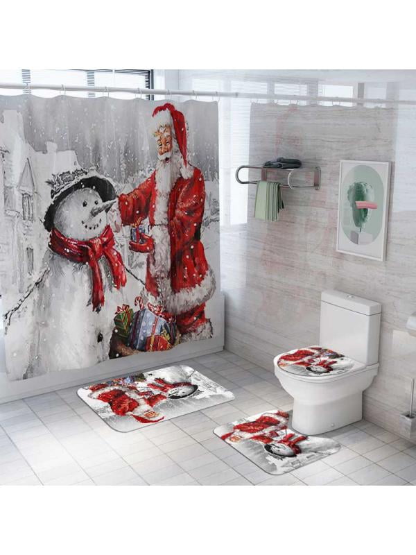 4Pcs Christmas Shower Curtain Bathroom Snowman Carpet Toilet Cover Pad 