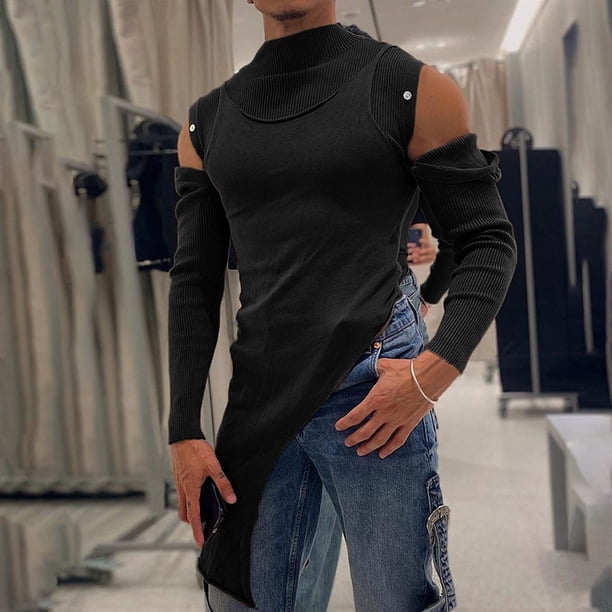 pstuiky camisas de manga larga para hombre, Camiseta básica de cuello medio alto para hombre con elástico y botones, hombros descubiertos Tops casuales para hombres m