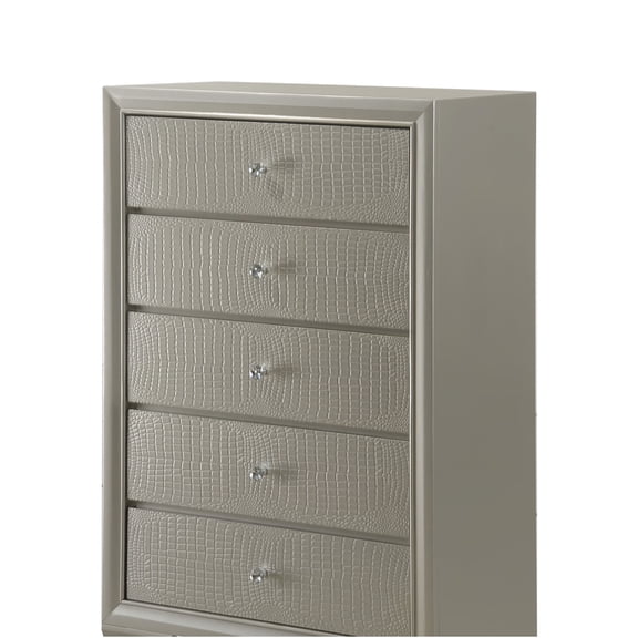 JERFIT 5-Drawer Chest Dresser with Faux Crystal Knobs, Modern Champagne Crocodile Embossed Bedroom Storage Furniture, Solid Wood Construction