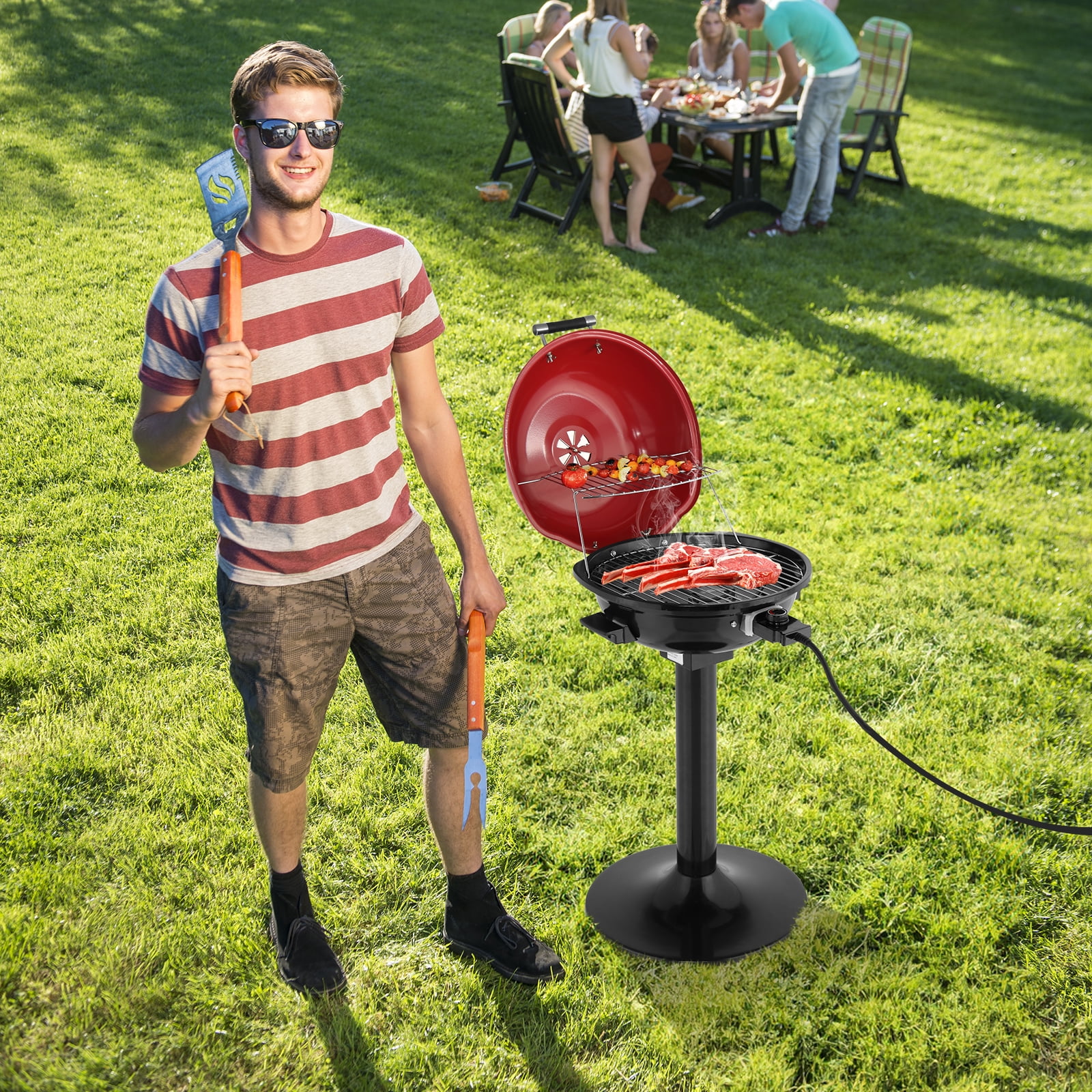 BBQ Grill with Stand, Smokeless No Flare-Up Electric Barbecue Grill, Adjustable Temperature Large Cooking Surface for Apartment Patio Balcony Family Party Use