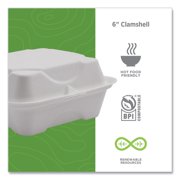 Eco-Products EP-HC6NFA Vanguard 6 in. x 6 in. x 3 in. Renewable and Compostable Sugarcane Clamshells - White (500/Carton)