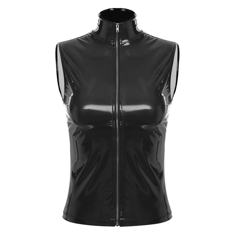 YONGHS Womens Patent Leather Tank Top Sleeveless Zipper Vest