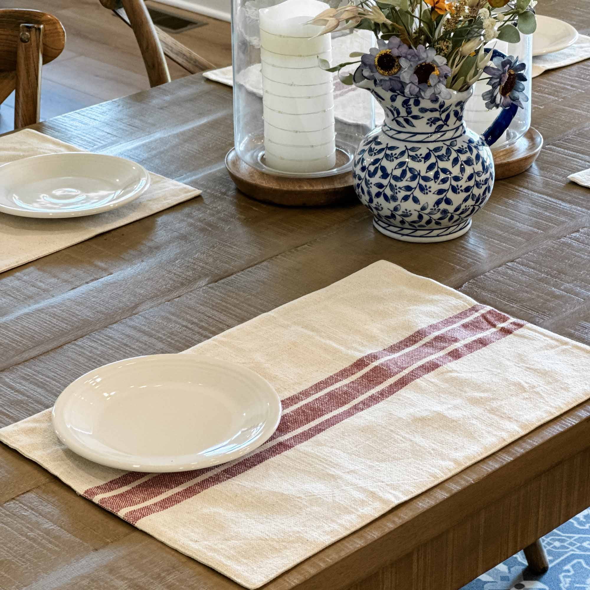 Piper Classics Market Place Red Grain Sack Stripe Placemats, Set of 4, Cotton