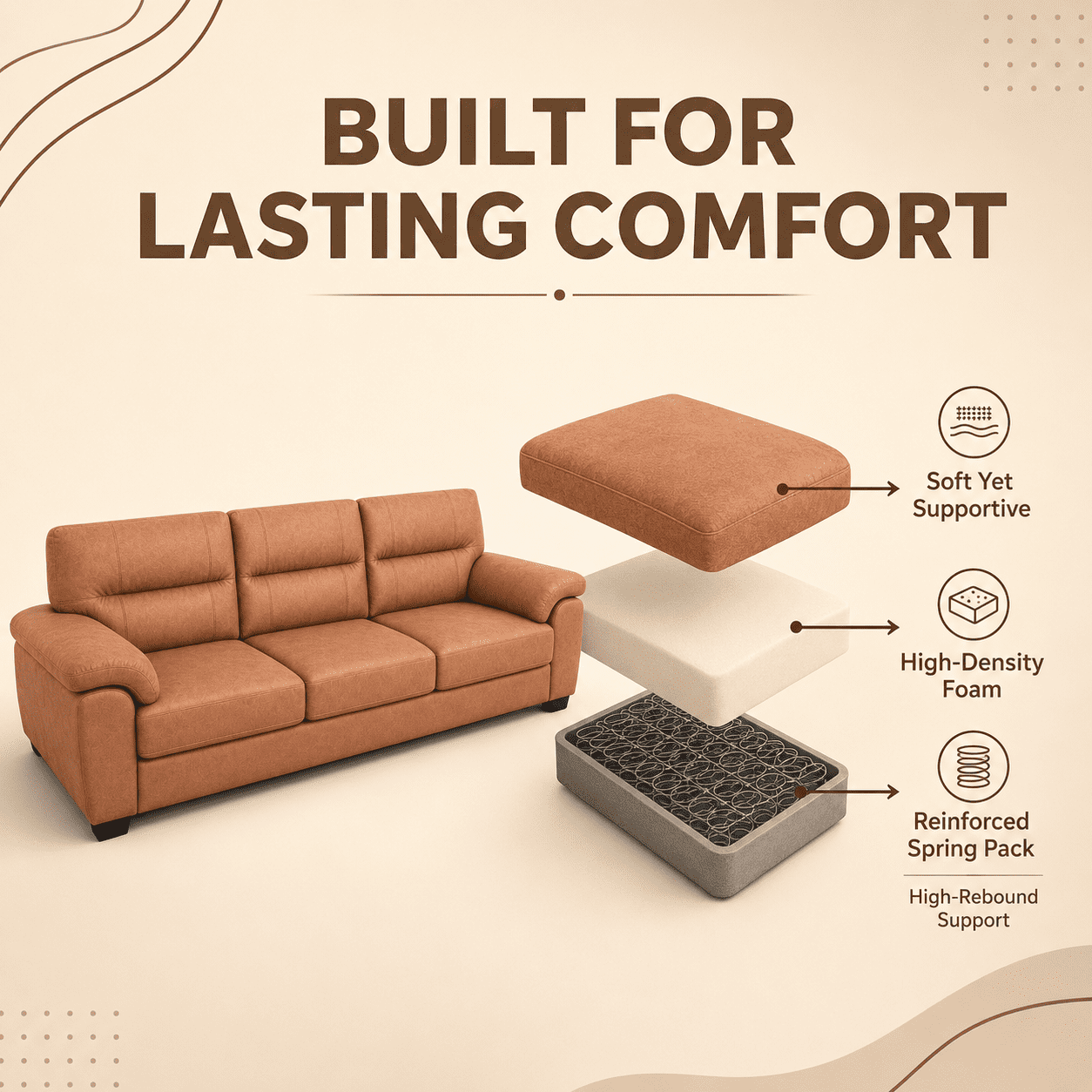 MOONMISS 84 Inch Mid-Century 3 Seater Sofa Tech Fabric Deep Plush Cushions Wide Armrests Pet Friendly Living Room,Brown