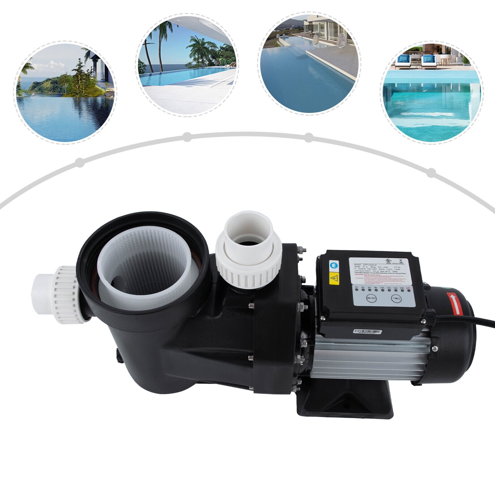 1.5 HP Ground Pool Pump, Black 1100W Powerful Self Primming Swimming Pool Pumps, Pool Pump with Timer Floor Mount