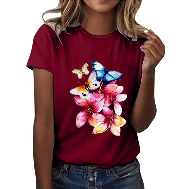 Gibobby Casual Playera de Manga Corta para Mujer Camiseta informal para mujer, camiseta a la con estampado Floral, camiseta manga corta con temperamento suelto, cam(Vino,CH)