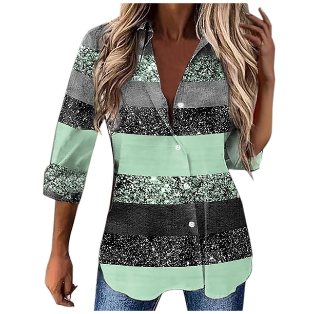 Tops para mujer Camisas Blusas Elegantes Camisas casuales de manga larga Estampado de moda Cuello vuelto Camisa con botones Odeerbi ODB-5