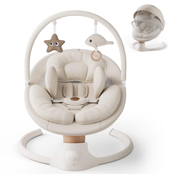 Columpio eléctrico para bebé FasonBaby, 5 velocidades, Bluetooth, beige
