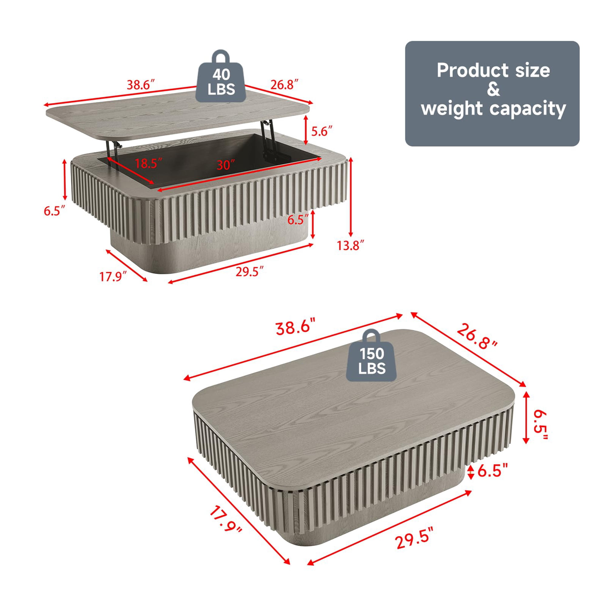 BFJDM 38.6" Gray Lift Top Coffee Table, Fluted Hidden Storage Modern Coffee Table for Living Room