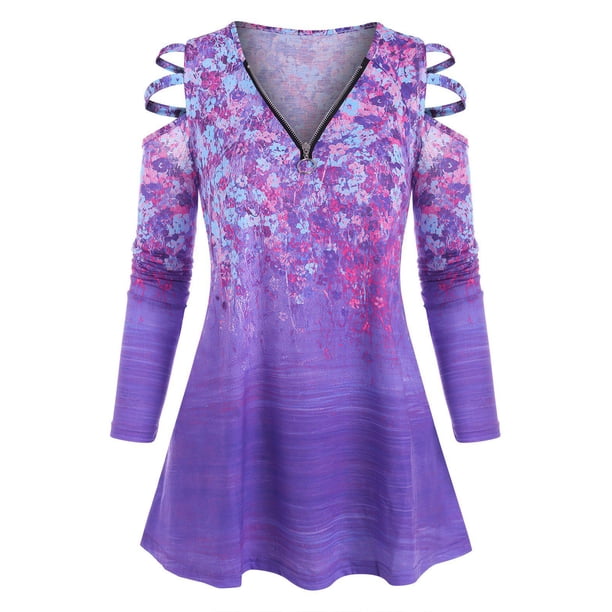 Tallas grandes con cremallera en V cuello floral escalera recortado frío hombro superior Rosegal Mangas largas de talla grande