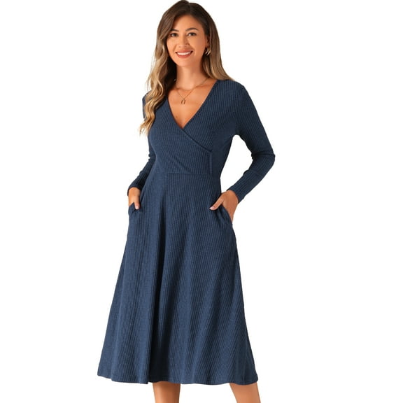 DARING DIVA Knit Ribbed Midi Deep V Wrap A-Line Dress XS Navy Blue