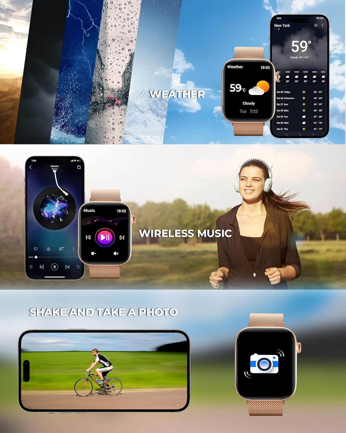 Smart Watch Fits for Android and iPhone,IP68 Waterproof,Suitable for Women Men 100 Sports Modes 1.96 inch Fitness Tracker with Answer Make Calls/Message Reminder,4 Watch Bands,Milano Steel Band(Gold)